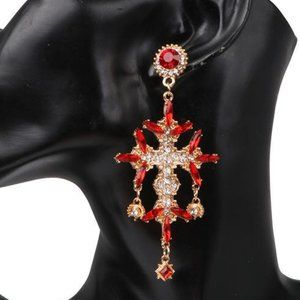Victorian vintage style NEW Red crystal gold metal cross earrings